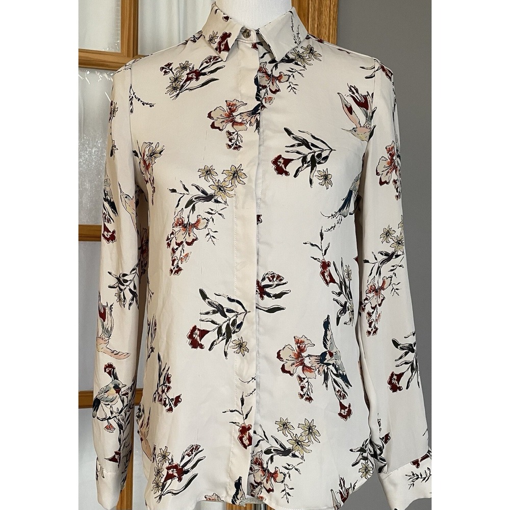 H&M Floral Button Up Shirt Womens Sz 0 Ivory Long Sleeve Career Cottagecore Boho